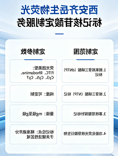 荧光标记核苷酸定制服务：荧光团可选择FITC、Rhodamine、Cy3、Cy5、Cy7等类型